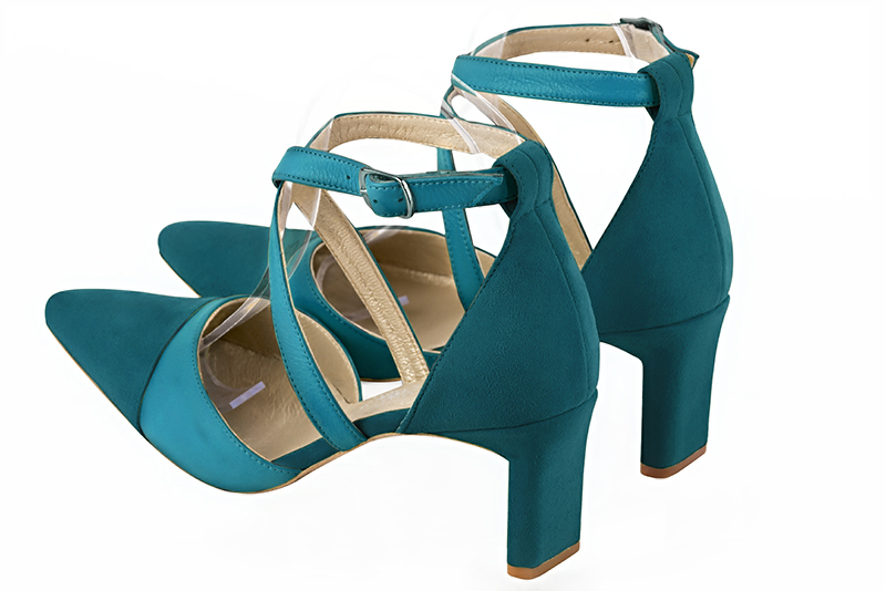 Peacock blue women's open side shoes, with crossed straps. Tapered toe. Medium comma heels - Florence KOOIJMAN